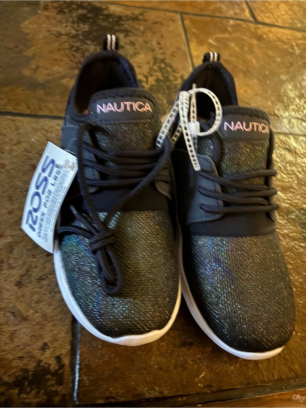 Nautica Girl’s Glitter Lace-Up Sneakers in Black with Pink Logo